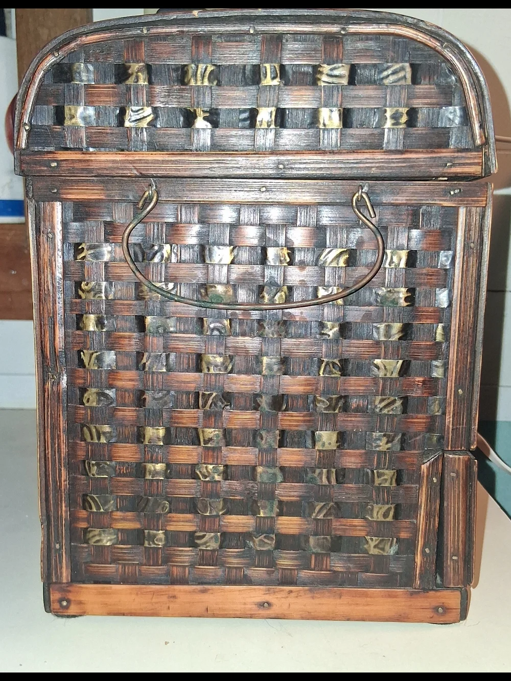 Hand Crafted Wood Woven Accent Storage Chest With 2 Drawers in Dark Brown